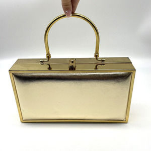 Vtg 70s Lou Taylor Miami Gold On Gold Art Deco Padded Frame Box Handbag Purse